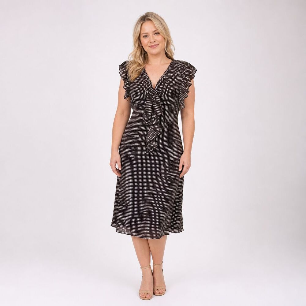 Vintage Womens Brown Polka Dot Ruffle Midi Dress 8 Y2k Wedding Guest Office